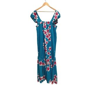 Vintage Young Hawaii Blue Hibiscus Floral Maxi Dress Large Hawaiian Tropical 70s